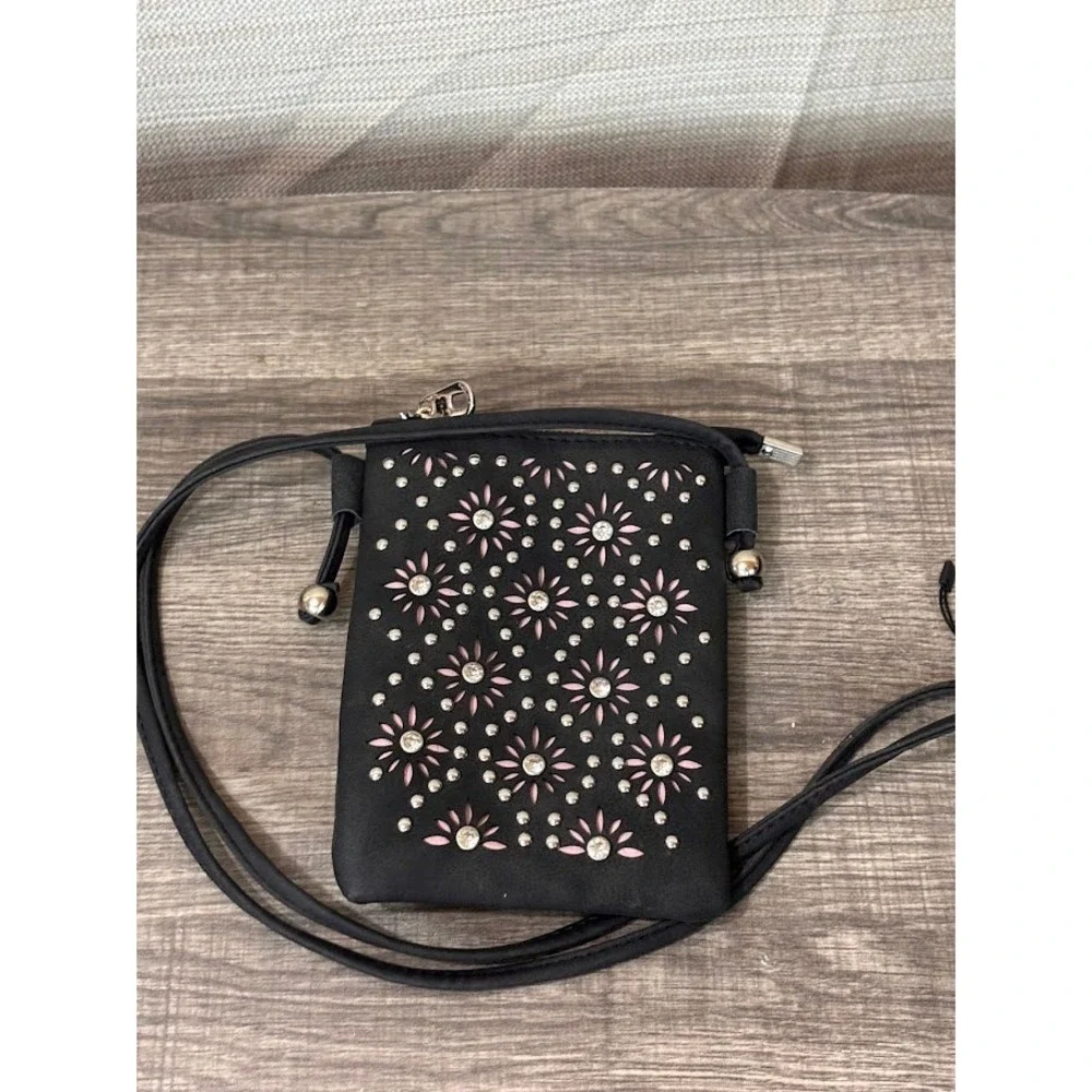 American Bling Black Studded Rhinestone Floral Laser Cut Crossbody Phone Bag